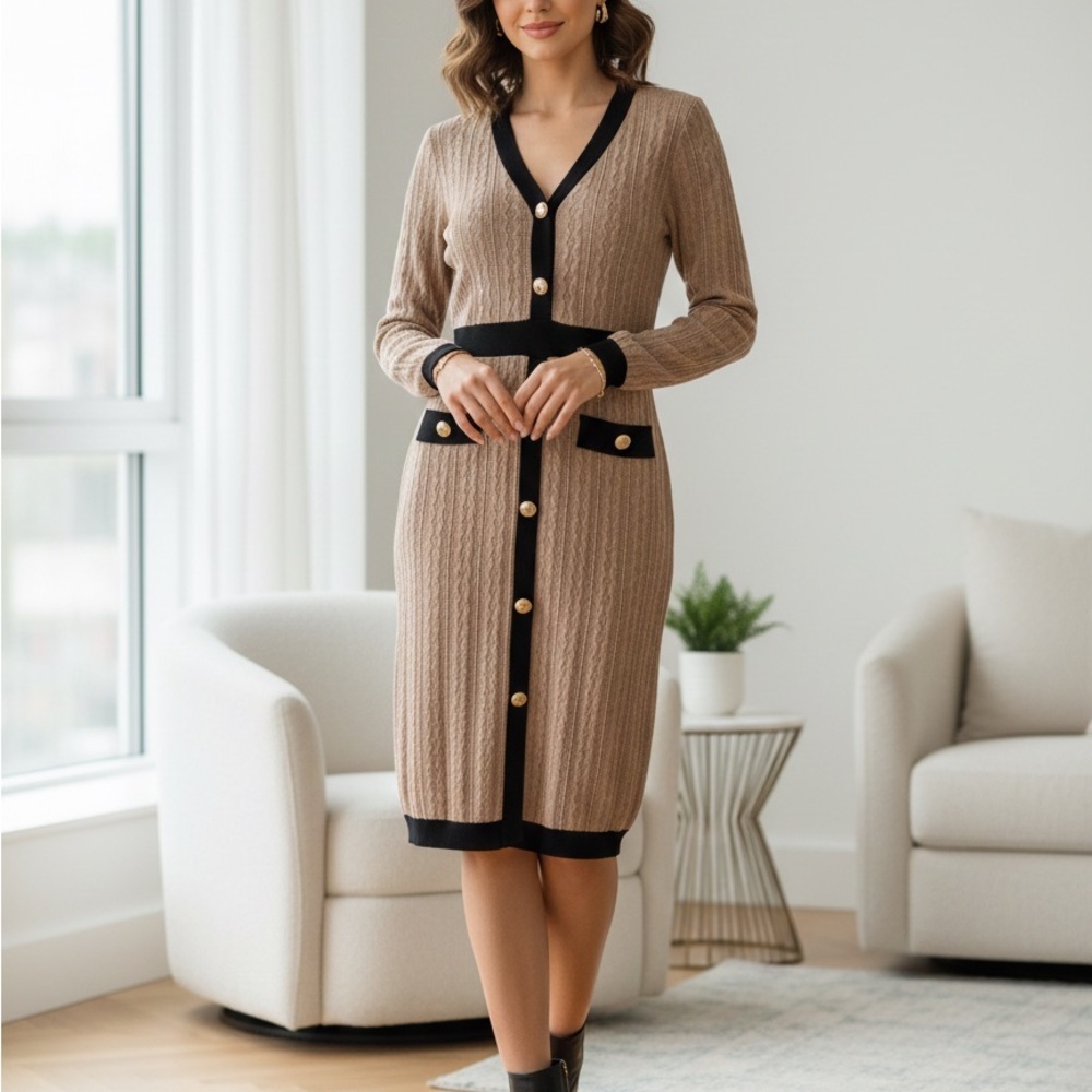 Chic Long Sleeve Tan and Black Dress